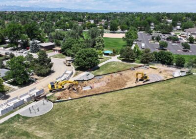 Aerial picture of the stormwater work being done in the grassy area near the school.