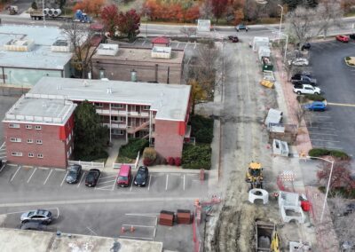Aerial photo showing access to the apartment parking lot on 3rd Ave.