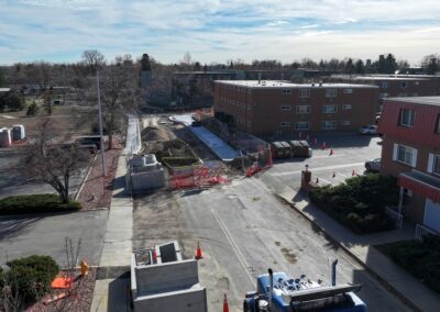Apartment parking lot is open to residents.