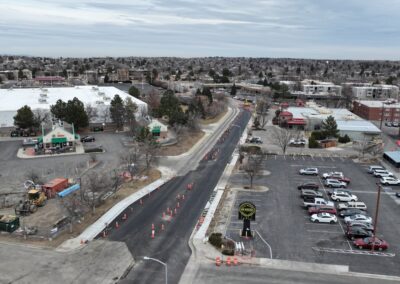 Aerial picture of Nickel St. showing new asphalt and cones.