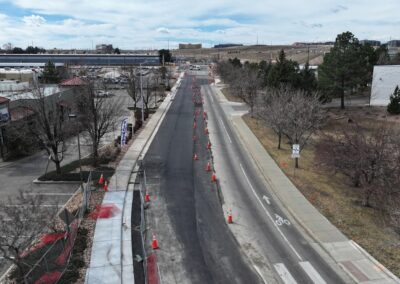 Aerial picture looking south down Nickel St showing traffic control and cones.