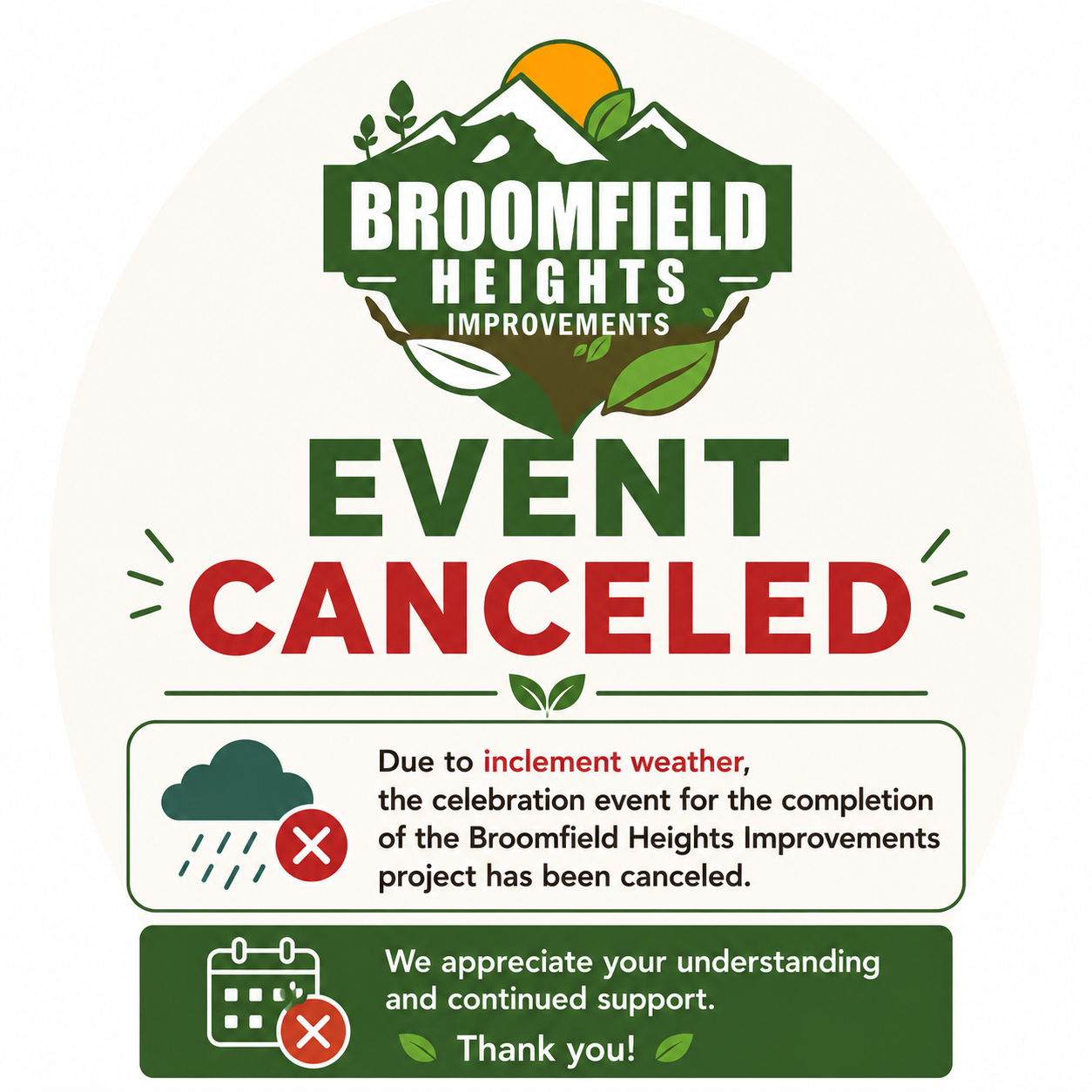 Unfortunately, due to weather, we are canceling our in person event to celebrate the Broomfield Heights Stormwater and Pedestrian Improvement Project Completion.